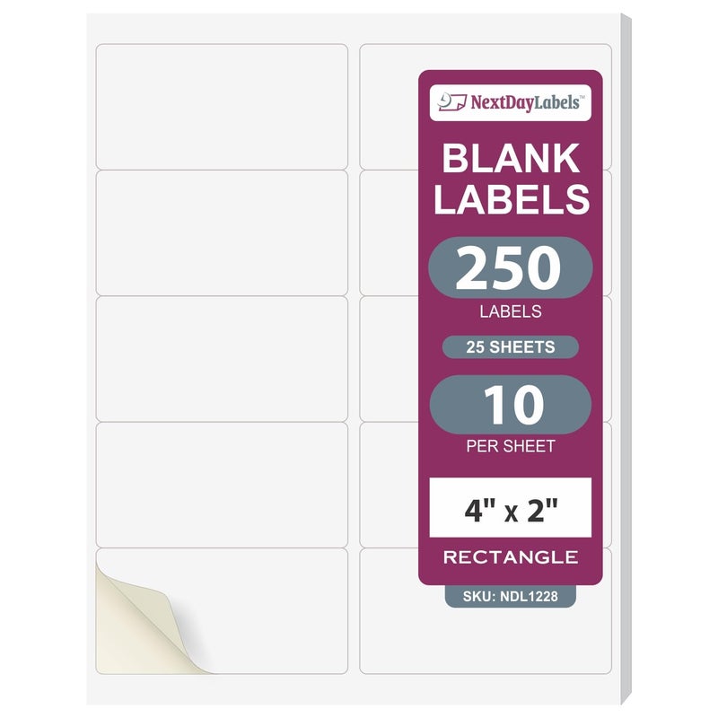 NextDayLabels â€“ 4â€ x 2â€ Rectangular Sticker Labels for Printer - White Laser/Inkjet Printer Labels Return Address Labels Shipping Label Stickers (25 Sheets, 10 Per Sheet, 250 Labels) - Image 1